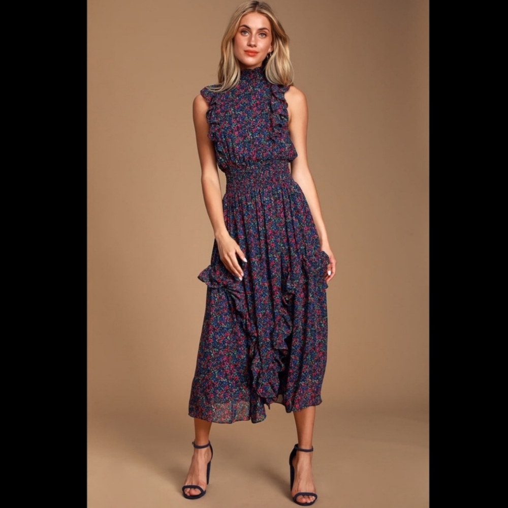 Midi Dress Lulus Floral Ruffle Mock Neck Size Medium